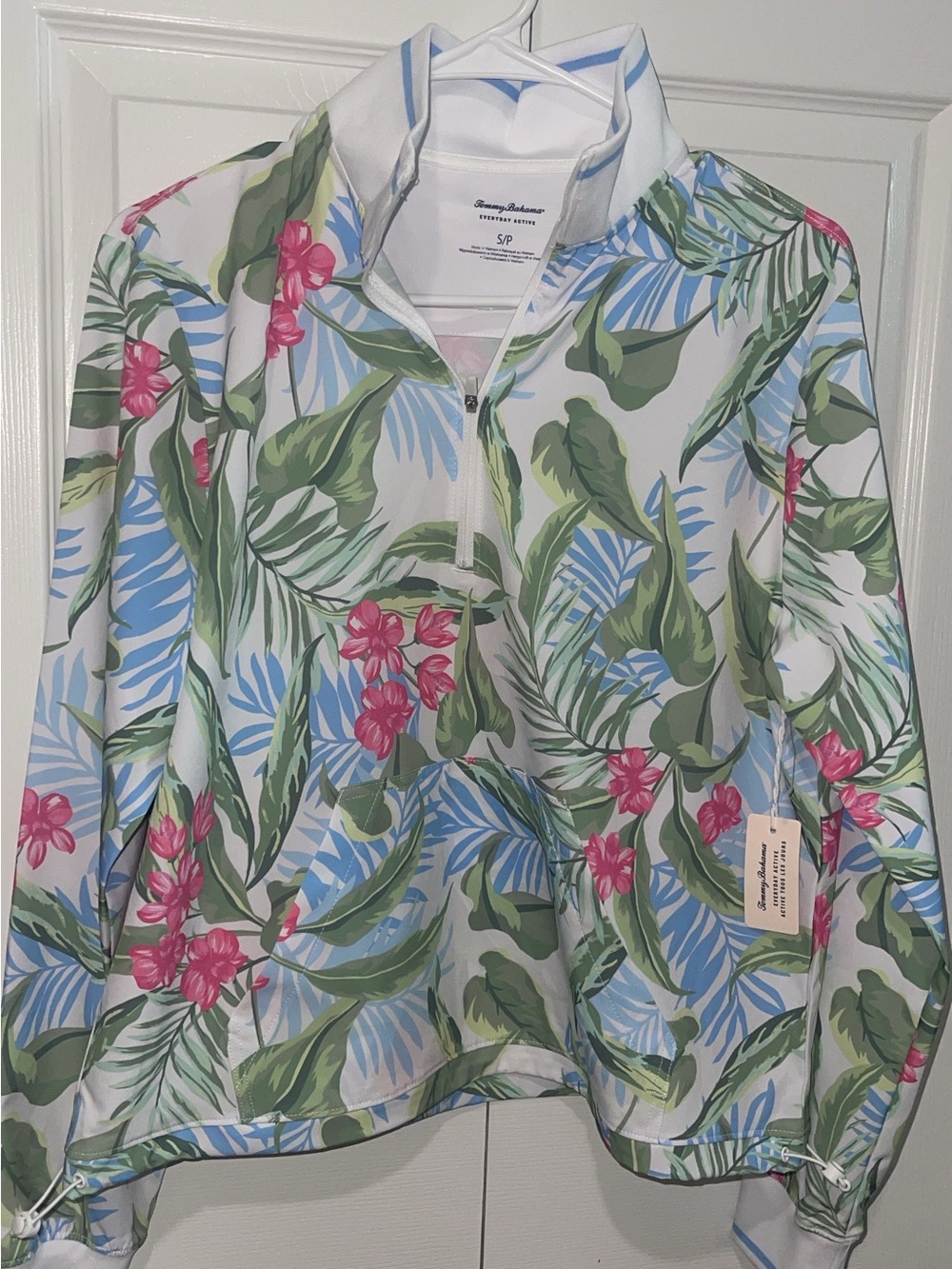 Tommy Bahama White Tropical Half-Zip Jacket with Green & Pink Floral Print